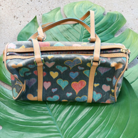 Vintage Rooney & Bourke Hearts Black Barrel Satchel + Pink Hearts Card/Coin Purs - Picture 3 of 12